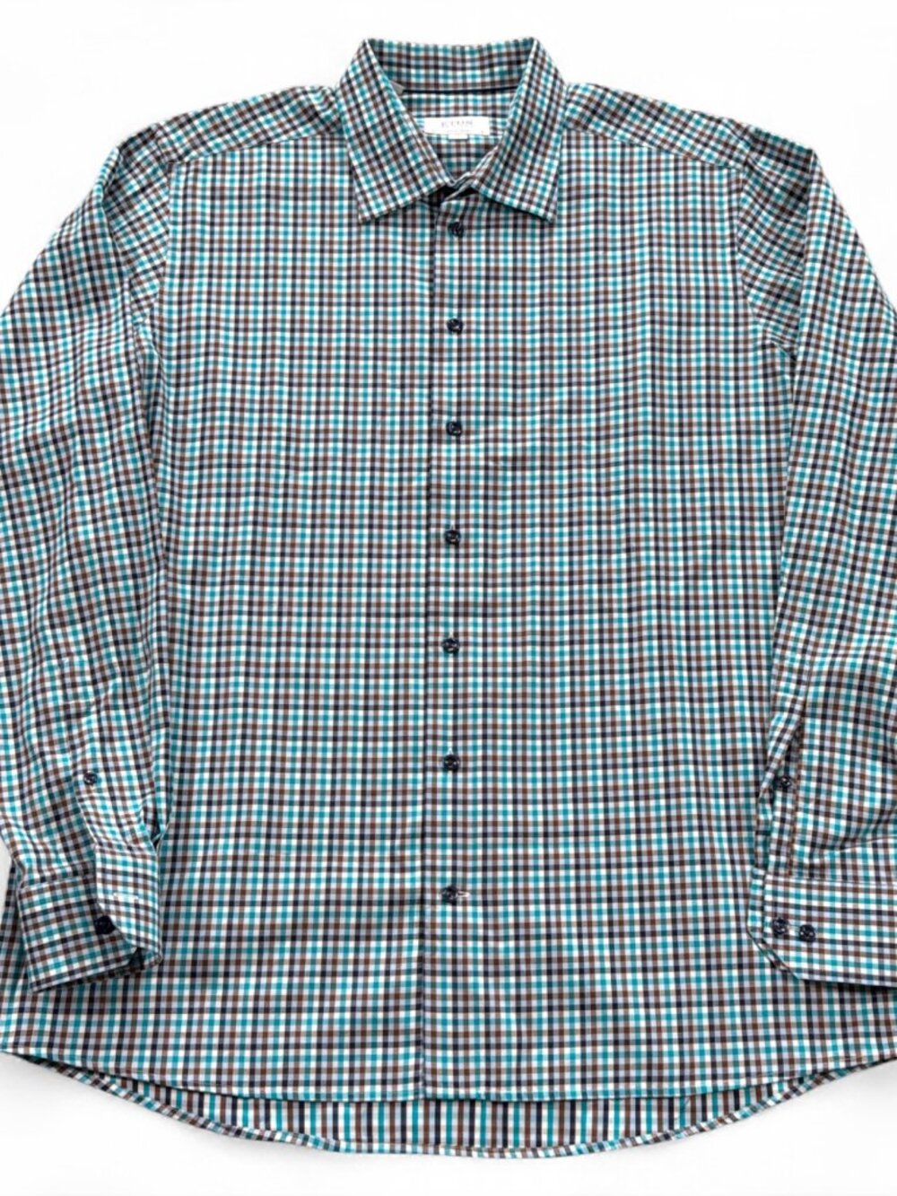 Eton Contemporary Dress Shirt Men's XXL Teal Gingham Cotton Button-up